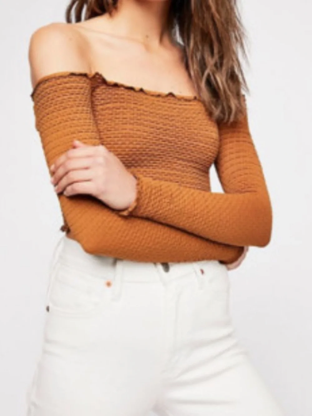 Free People Textured Smocked Long Sleeve Crop Top Women’s XS/S Brick Red
